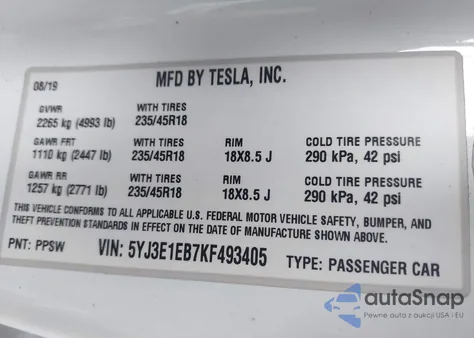 2019 Tesla Model 3 Long Range/Performance из США, поврежденный, VIN 5YJ3E1EB7KF493405